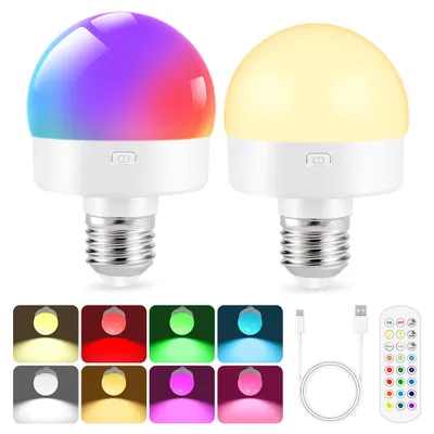 Produktbild von 2x ładowalna żarówka z pilotem, lampka nocna USB z baterią, ładowalna lampa LED 4W z gniazdem E27, 15 kolorów, timer, bezprzewodowe sterowanie dotykowe