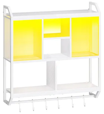 Schwebende Wandplanke mit LED, 4 Fächer, 6 Haken, Weiß