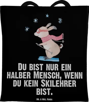 Produktbild von Mr. & Mrs. Panda Schultasche Skilehrer Herz - Schwarz - Geschenk, Tote Bag, Jutebeutel, Shopping Tasche, Laptoptasche