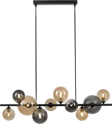A modern chandelier with multiple glass globes of varying sizes and colors, suspended from a black bar.