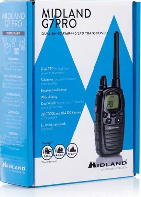 Obrázek produktu pro Midland G7 Pro Walkie Talkie, Profesionální mobilní rádio (PMR), 69 kanály/kanálů, 446.00625 - 446.09375 MHz, 10 m, LCD, AA