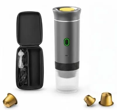 Obrázek produktu pro Sada: kufr a bezdrátová přenosná kávovar Planet Tech 3 v 1, 20 bar, kompatibilní s kapslemi Nespresso a Dolce Gusto, pro mletou kávu, šedá barva