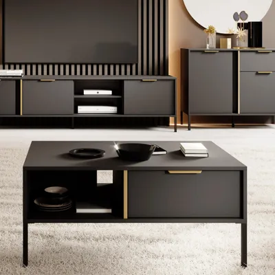 Productafbeelding van Salontafel VALDI, 97 cm, antraciet, goud, metalen poten, 2 laden