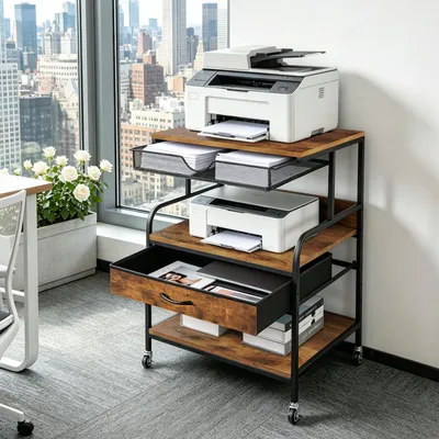 Rollender Druckertisch auf Rädern, Holzplatte, Homeoffice, braun
