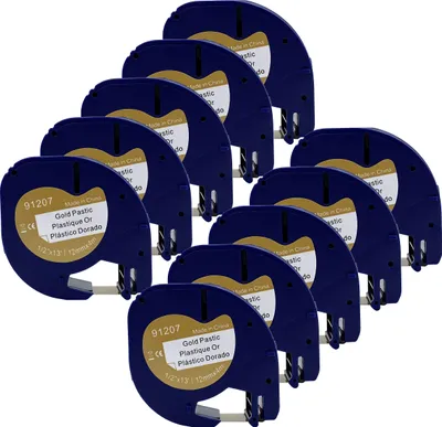 Produktbild von DULA Etikettenband - Kompatibel mit Dymo LetraTag 91207 / S0721612 - 10 Stück - Schwarz auf goldenem Kunststoff - 12mm x 4m