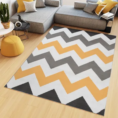 Image de Tapis Tapiso MAYA, design moderne, couleurs crème, gris et jaune, idéal pour une chambre, dimensions 140 x 200 cm