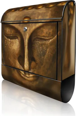 Produktbild von banjado Design Briefkasten Stahl schwarz mit Zeitungsfach pulverbeschichtet "Buddha Gold" 38x46x12,5cm & 2 Schlüssel - Postkasten A4 Einwurf inkl. Montagematerial [BKSCH 10087]