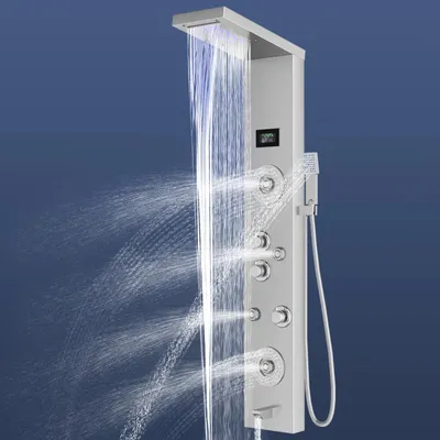Zdjęcie produktu dla Panel prysznicowy 5 w 1 - System prysznicowy z deszczownicą, dyszami masującymi, słuchawką prysznicową i wylewką do wanny - stal nierdzewna 304 - oświetlenie LED - kolor srebrny