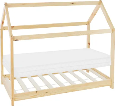 Produktbild von ML-Design Kinderbett 80x160 cm mit Matratze, Dach und Lattenrost, Natur, Hausbett aus Kiefernholz Bodenbett Holzbett
