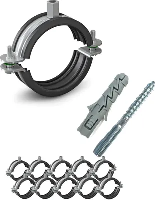 Produktbild von 10 Stück Rohrschellen 1 1/2” 46-52mm | Rohrschellen Set | Schraubrohrschelle | mit Dübel | Stockschraube | Stahl verzinkt mit Gummidichtung