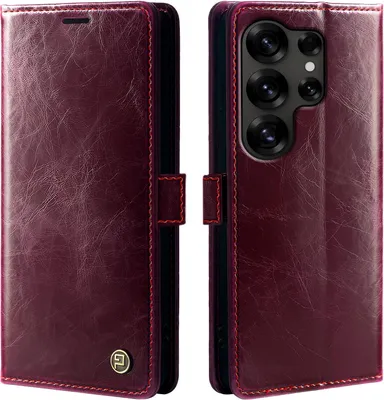 Produktbild von Handyhülle für Samsung Galaxy S25 Ultra Kunstleder Flip Vintage Cover Hülle RFID Schutz Case Kartenfach Farbe: Weinrot