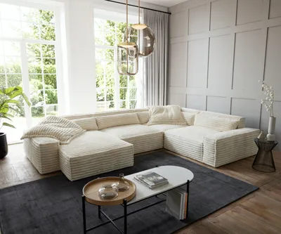 Produktbild von DELIFE Wohnlandschaft Sirpio XL 360x260 cm Plüschcord Beige Recamiere variabel