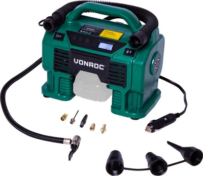 Produktbild von VONROC Kompressor, 20V Akku (ohne) & 12V KFZ-Anschluss, 11 bar (160 PSI), Befüll-/Entleerfunktion, Druckabschaltung, LED-Licht, Hochvolumen-/Hochdruck-Modus, vielseitig für Reifen, Bälle, Pools, 15x24x20 cm (LxBxH), 1,82 kg, inkl. 8-tlg. Zubehör