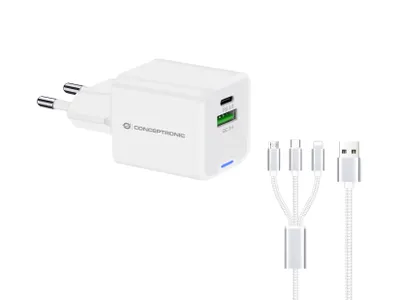 Produktbild von Conceptronic 2-Port 33W GaN USB-PD-Ladegerät mit 3-in-1-Ladekabel, USB-C x 1, USB-A x 1, QC 3.0, PPS