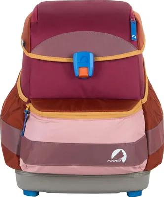 A front view of a colorful backpack with wheels.