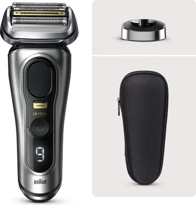 A product shot of a Braun electric shaver and its accessories, presented in a clean, studio-like setting.