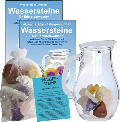 Produktbild von Edelstein Wasser Entspannung, Anti-Stress, Relax 5-tlg Set zum Wasser energetisieren+ 1 Liter Glaskrug + Beschreibung
