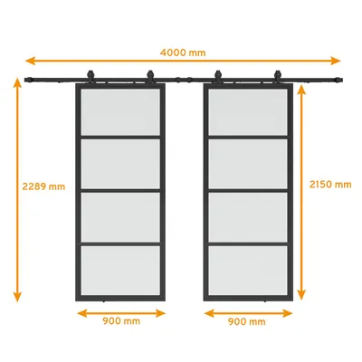 Produktbild von inova Doppelflügelige Loft-Glasschiebetür 1800 x 2150 mm, 4 Felder satiniert, Stahlrahmen Schwarz, Komplettset, Softclose beidseitig