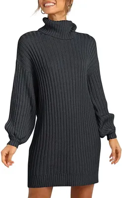 Produktbild von ASKSA Damen Rollkragen Pulloverkleid Einfarbig Laterne Ärmel Tunika Lange Winter Strickkleid, Schwarz, S