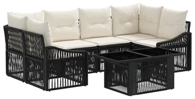 Image de Ensemble de canapés de jardin vidaXL, 7 pièces, noir et crème, en polyrotin