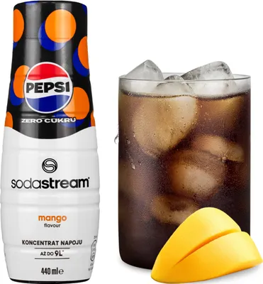 A bottle of SodaStream Pepsi Max Mango flavor concentrate and a glass of cola with ice and mango slices.