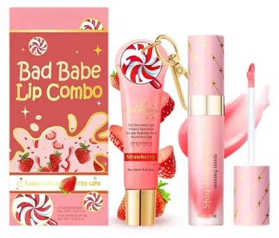 Image de Kit de soin des lèvres fraise, comprenant 2 produits : un baume à lèvres et une huile pour les lèvres, spécialement conçus pour les lèvres sèches, avec un porte-clés