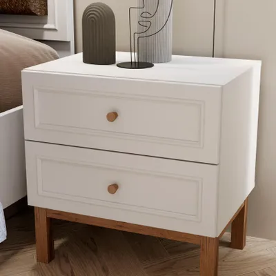 Produktbild von Forte PENKRIDGE Nachttisch 50 60, Landhaus Nachtschrank mit 2 Schubladen, Schlafzimmer, Holzwerkstoff, Secret Grey mit Schlammeiche Holzdekor, 55,2 cm breit x 56,7 cm hoch x 41,7 cm tief