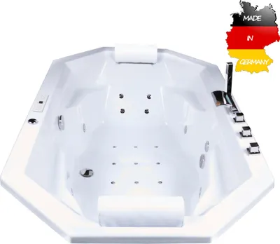 Produktbild von Basera CLASSIC Indoor Podest-Whirlpool Badewanne Bora Bora 200 x 115 cm mit 24 Massagedüsen, Wasserfall, LED-Ambiente, Touchpanel, Bluetooth und Radio