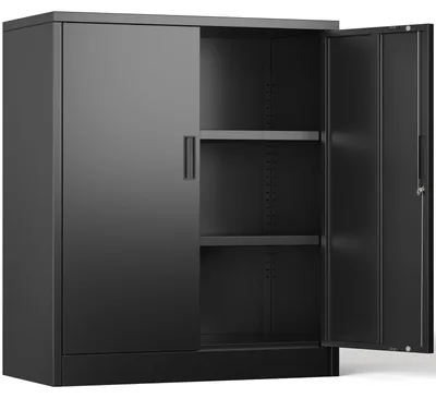 Zdjęcie produktu dla Szafka metalowa z drzwiczkami - Z zamkiem - 2 półki - 91,4 cm wysokości - Czarna
