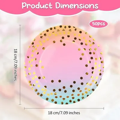 Image de Lot de 50 assiettes en papier colorées de 18 cm - Assiettes jetables pour fêtes - Vaisselle de table sur le thème de l'arc-en-ciel - Idéales pour les fêtes
