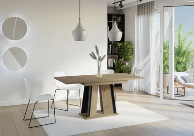 A modern dining room with a wooden extendable table and chairs, set against a backdrop of a balcony with plants.