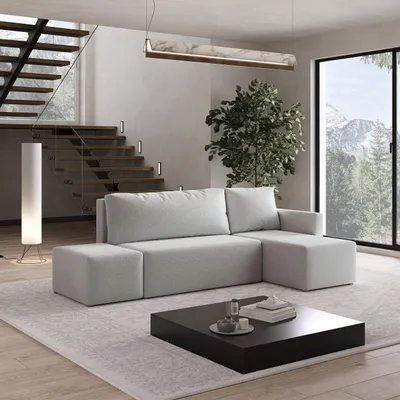 Produktbild von Masseno Ecksofa VELOTTI R-S mit Schlaffunktion L-Form, Sofa mit Bettkasten, Wohnzimmersofa, Couch, Soffa, Bettsofa, Couchgarnitur- Hellgrau, QUELLE 83