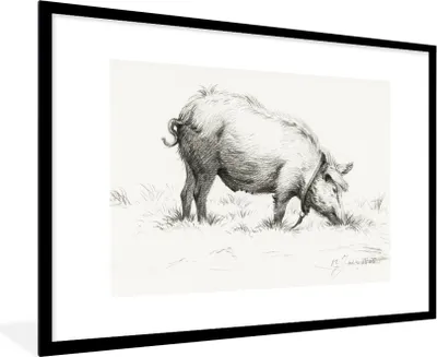 Produktbild von MuchoWow® MuchoWow® Gerahmtes Poster Stehendes Schwein im Gras - Gemälde von Jean Bernard 90x60 cm - Poster mit zchwarzem Bilderrahmen - Wanddekoration - Fotos