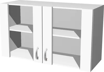 A white wall cabinet with two doors and two shelves.