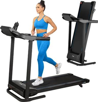 A woman is running on a treadmill, with another treadmill folded up in the background.
