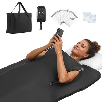 Produktbild von Infrarot-Saunadecke - Tragbare Wärmedecke - Mit Armlöchern - Temperaturregelung - 20–60-Minuten-Timer - 180 x 80 cm - Schwarz