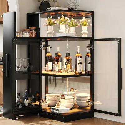 Immagine prodotto di Vetrina scorrevole in vetro con illuminazione a LED, vetrina con vetro temperato a doppio lato, mobile da cucina 64x42x112 cm, colore nero