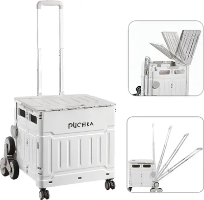 Produktbild von PUCHIKA Einkaufstrolley klappbarer, Einkaufswagen mit Deckel, flachziehenbar mit Teleskop-Griff, Treppensteiger mit 8 Gummiräder, Hellgrau