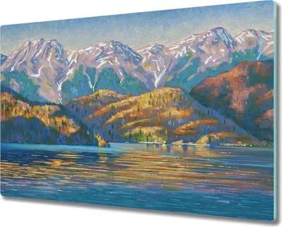 Produktbild von Coloray Kochplattenabdeckung Herdabdeckplatte 80x52 cm Hackbrett Schneidebrett Küchenbrett - Malerei See Berge Baum