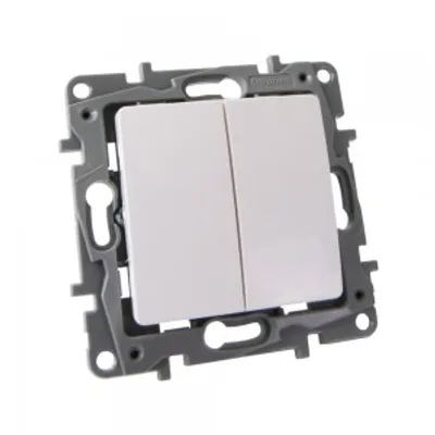 A close-up, angled view of a double light switch with a gray mounting frame, set against a white background.