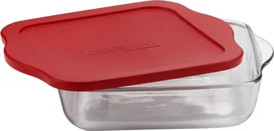 Produktbild von Pasabahce Borcam Bake&Keep – Quadratische Auflaufform mit rotem Kunststoffdeckel, 3200 ml