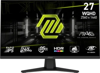 A marketing image for a gaming monitor, showing its features and specifications.