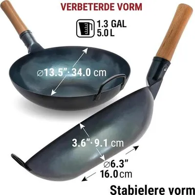 Image de Wok en acier au carbone, 34 cm - prétraité avec fond plat - convient pour induction, gaz et feu ouvert