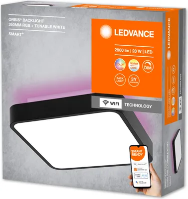 The image shows the packaging of a LEDVANCE Orbis Backlight smart lamp. The packaging features a picture of the lamp, product specifications, and brand logos.