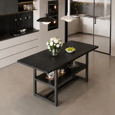 Zdjęcie produktu dla Stół jadalny prostokątny, wymiary 160x90x76 cm, styl industrialny, półka na przechowywanie, dla 4-6 osób (czarny)