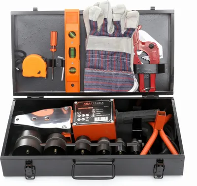 A tool kit for pipe fusion welding, including a polyfusion welding machine, various dies, a level, a tape measure, a screwdriver, and gloves, all neatly arranged in a black metal case.