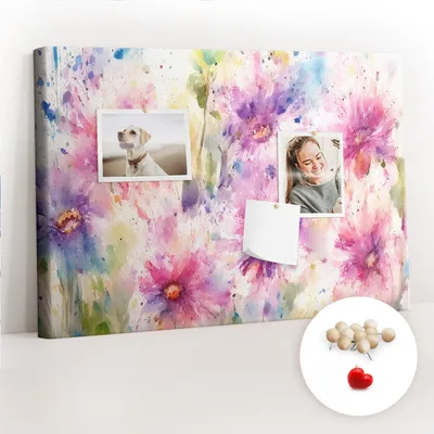 Obrázek produktu pro Korková nástěnka s kolíčky - Tabule s kolíky pro fotografie a poznámky - 60x40 cm - Připínáčky dřevěné 100 kusů - Malované květiny