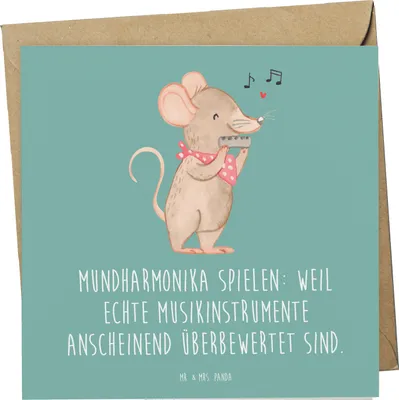Produktbild von Mr. & Mrs. Panda Grußkarte Mundharmonika Freude - Meeresbrise - Geschenk, Glückwunschkarte, Instrument, Klappkarte, Musik, Ironie, faltkarte, Folklore, Lernen, Musiker