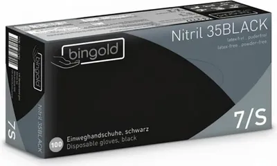 Professionelle Produktansicht der Bingold Nitril 35BLACK Spenderbox. Die schwarz-graue Verpackung der puderfreien Einweghandschuhe zeigt deutlich die Größe 7/S.