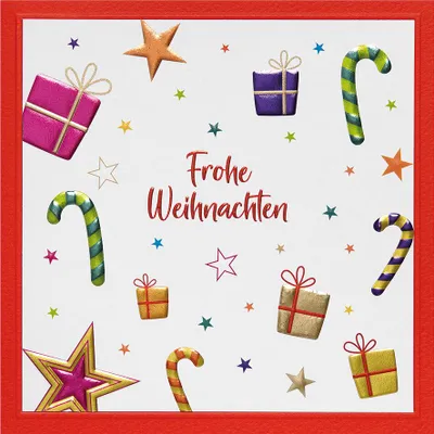Produktbild von Weihnachten Prisma quadratische unverpackte Weihnachtskarte mit Umschlag Zuckerstangen Sterne Geschenke mit Blindprägung Frohe Weihnachten